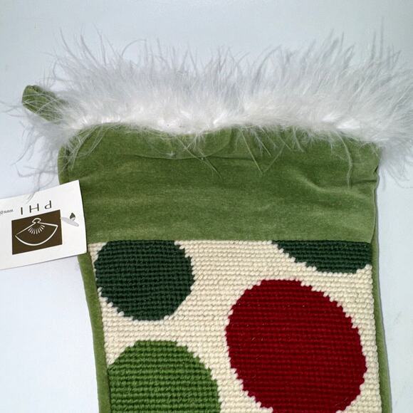 Peking Handicraft Needlepoint Christmas Stocking Wool Red Green Balls Faux Fir - Picture 4 of 8